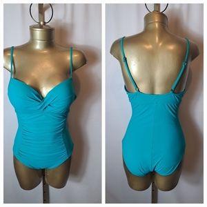 Spanx LoveYour Assets Green Teal One Piece Swimsuit  With Front Ruching